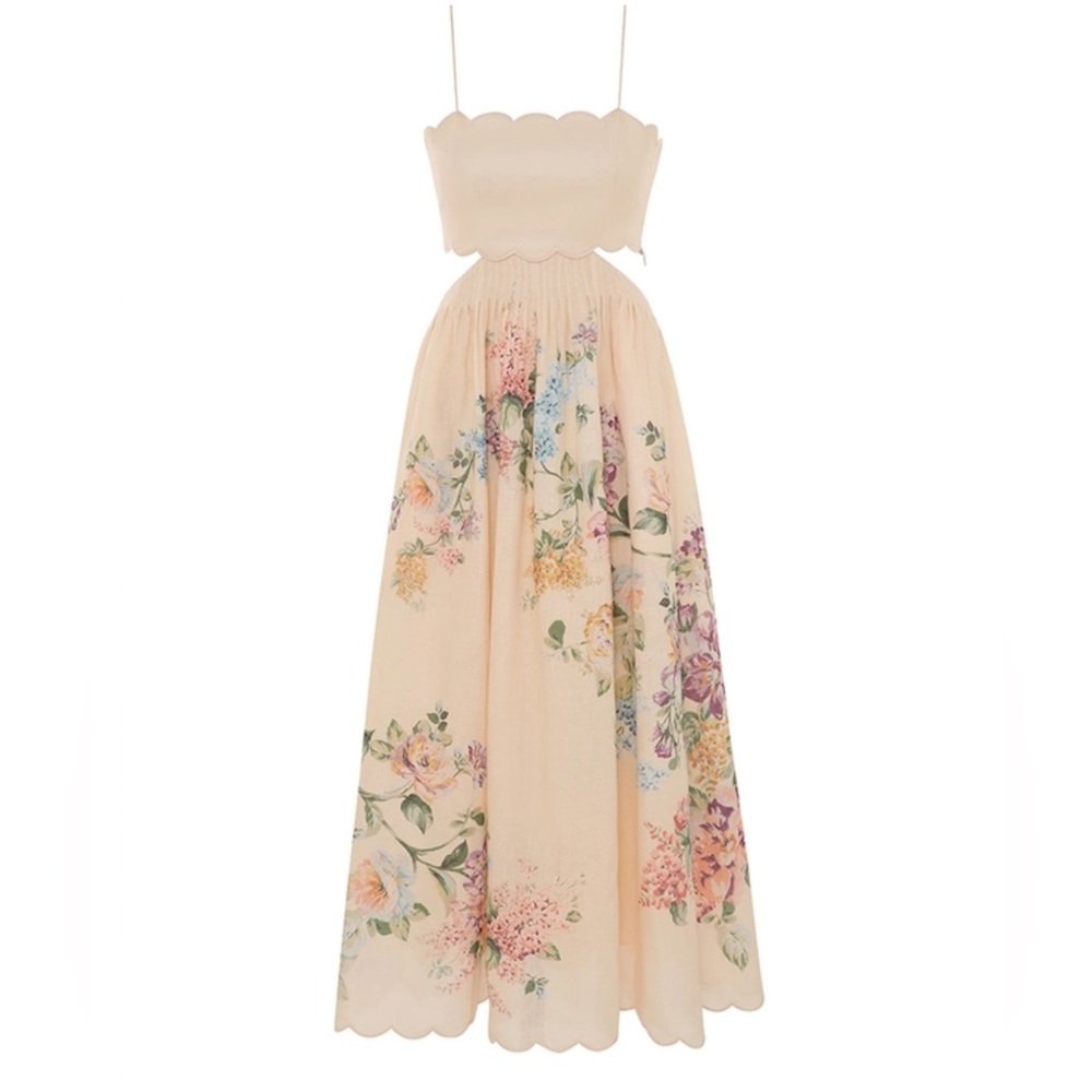 Zimmermann Halliday Scallop Floral Midi Dress, Size 0